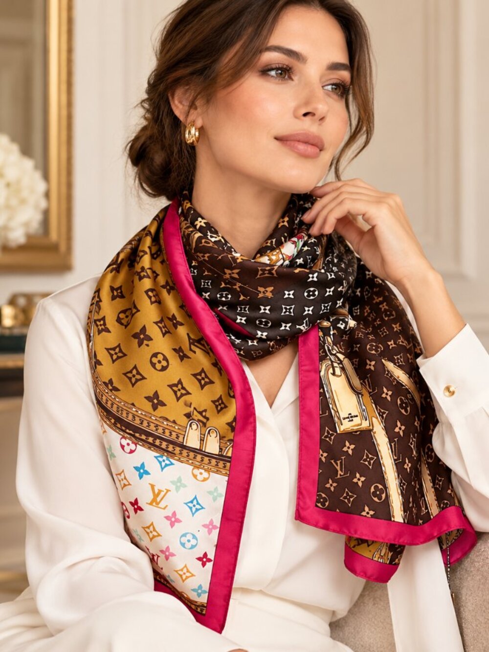 Women's Multicolor Monogram Print Silk Scarf Wrap Pink Brown Statement Shawl